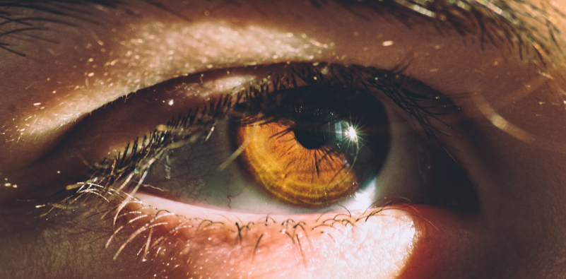 A close-up of an eye with the sun’s reflection in it