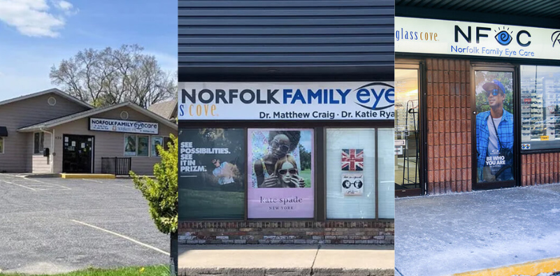 Norfolk Family Eye Care practice locations serving patients in Simcoe, Port Dover and Waterford, Ontario.