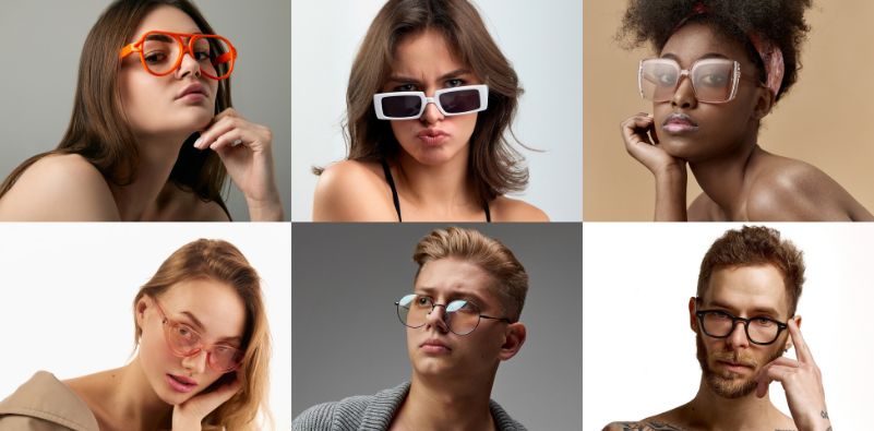 A collage of six people modelling a variety of eyewear styles, orange aviators, white rectangle sunglasses, oversized butterfly frames, peach cat-eye glasses, round eyeglasses, and bold black frames