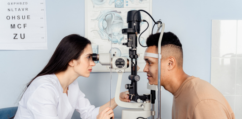 A patient having an eye examination with an optometrist at the eye doctors office